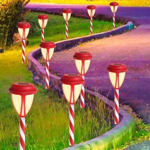 Dynaming 10Pack Solar Christmas Garden Lights, Outdoor Solar Powered Solar Candy Cane Pathway Markers, Waterproof & Auto On/Off Xmas Decorative Lights for Patio Yard Walkway Driveway Decor, Warm White