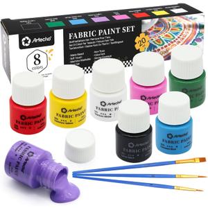 Artecho Fabric Paint Set - 8 Colors (20ml / 0.7 oz Each) Permanent Clothing Paint for DIY T-Shirts, Tote Bags & Canvas, Washable & Flexible Textile Paint (5.6 Fl Oz (Pack of 1))