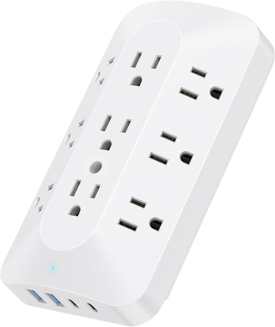 Wall Outlet Extender, 9 Outlet Splitter with 4 USB Ports (2 USB C), Multi Plug Wall Outlet Expander, 3-Sided Wall Charger Power Strip for Home, Office, Dorm, White