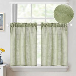 MIULEE Spring Linen Textured Kitchen Curtains 30 Inch Length Semi Sheer Light Filtering Farmhouse Half Window Curtains for Bathroom Basement, Short Rod Pocket Tier Curtains 2 Panels W26XL30 Sage Green