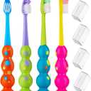 Kids Toothbrush 4 Pack - Soft Bristles with Suction Cup - Toothbrush Kids, Child Sized Brush Heads, 3-10 Year Old Kid Toothbrush with Easy Storage - Toddler, Girl and Boy Set (4-Pack, Multi-Color)