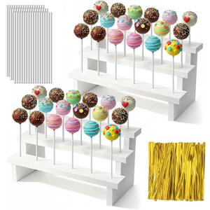 2Pcs Wood Cake Pop Stand 3 Tier Wood Lollipop Holder 17 Hole Sucker Display Riser with Lollipop Sticks & Gold Twist Ties for Dessert Table of Wedding Baby Shower Birthday Party