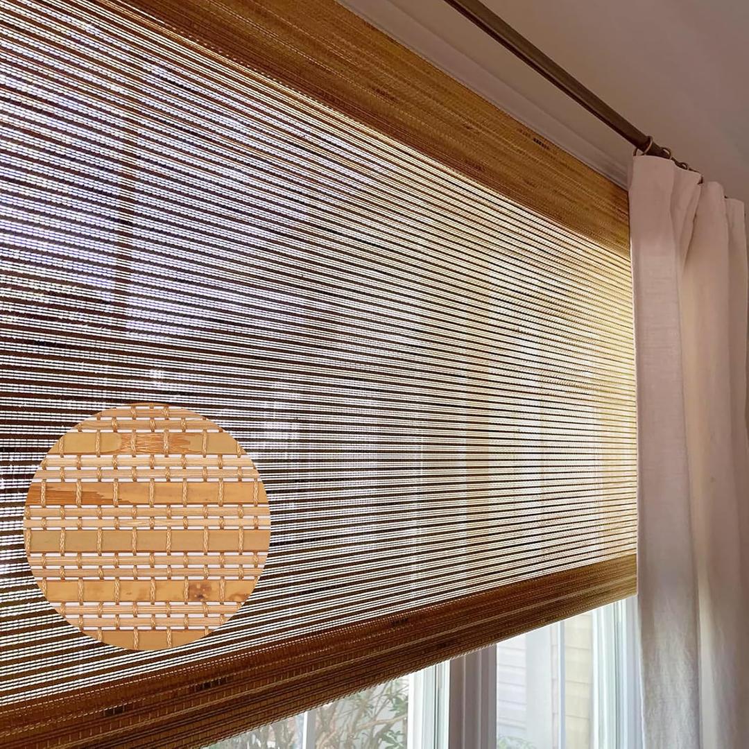LETAU Cordless Wood Window Shades Blinds, Roman Bamboo Patio, Blinds, Window Shade, Almond Brown, 27" W x 64" L