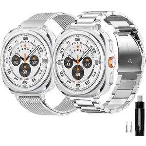 GOLDTOLUCK Compatible with Samsung Galaxy Watch 7 Band Ultra 47mm (2024) Men Women Milanese Mesh Magnetic Classy Elegant Casual Business Metal Stainless Steel (Galaxy Ultra 47mm, Silver&Silver)