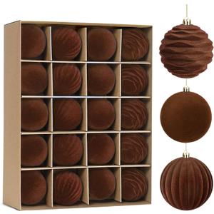 Waipfaru 20Pcs Velvet Ornaments for Christmas Tree, 2.36 Inch Brown Velvet Christmas Ornaments Balls Set, Large Shatterproof Flocked Hanging Ornaments for Xmas Tree Wreath Garland Home Decor