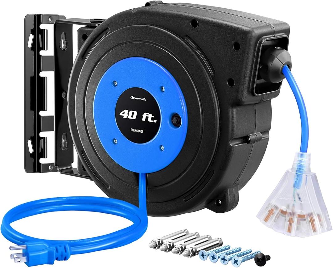 DEWENWILS Heavy Duty Cord Reel, 40FT Retractable Extension Power Cord, 12AWG/3C SJTOW, 3-Lighted Triple Outlets, 15A Circuit Breaker, Wall/Ceiling Mounted, Adjustable Stopper UL Listed, Blue,1 Box