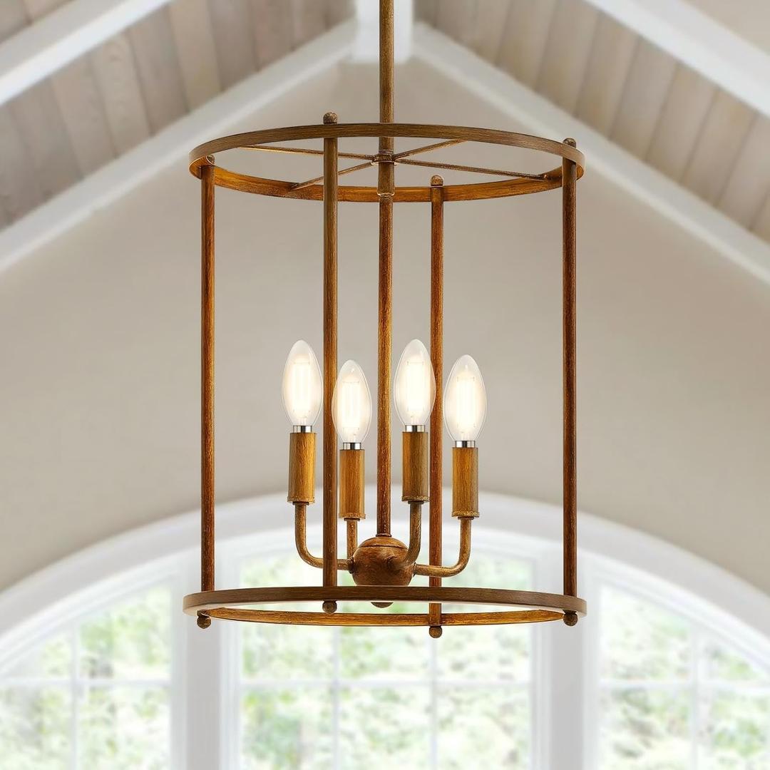 4 Light Chandelier,Farmhouse Ceiling Light Wood Grain Lantern Light Fixtures with Metal Cage Adjustable Height Rustic Hanging Light E12 Base for Kitchen Island, Dining Room, Living Room,Entryway