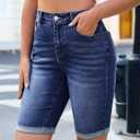 luvamia Bermuda Jean Shorts Women High Rise Stretchy Cuffed Hem Denim Jorts | Trendy High Waisted, Long Denim Shorts, 10 Inch Inseam, Knee Length, Casual, Rolled Hem, BBL Shorts, Summer Outfits for Women (Blue, Large)