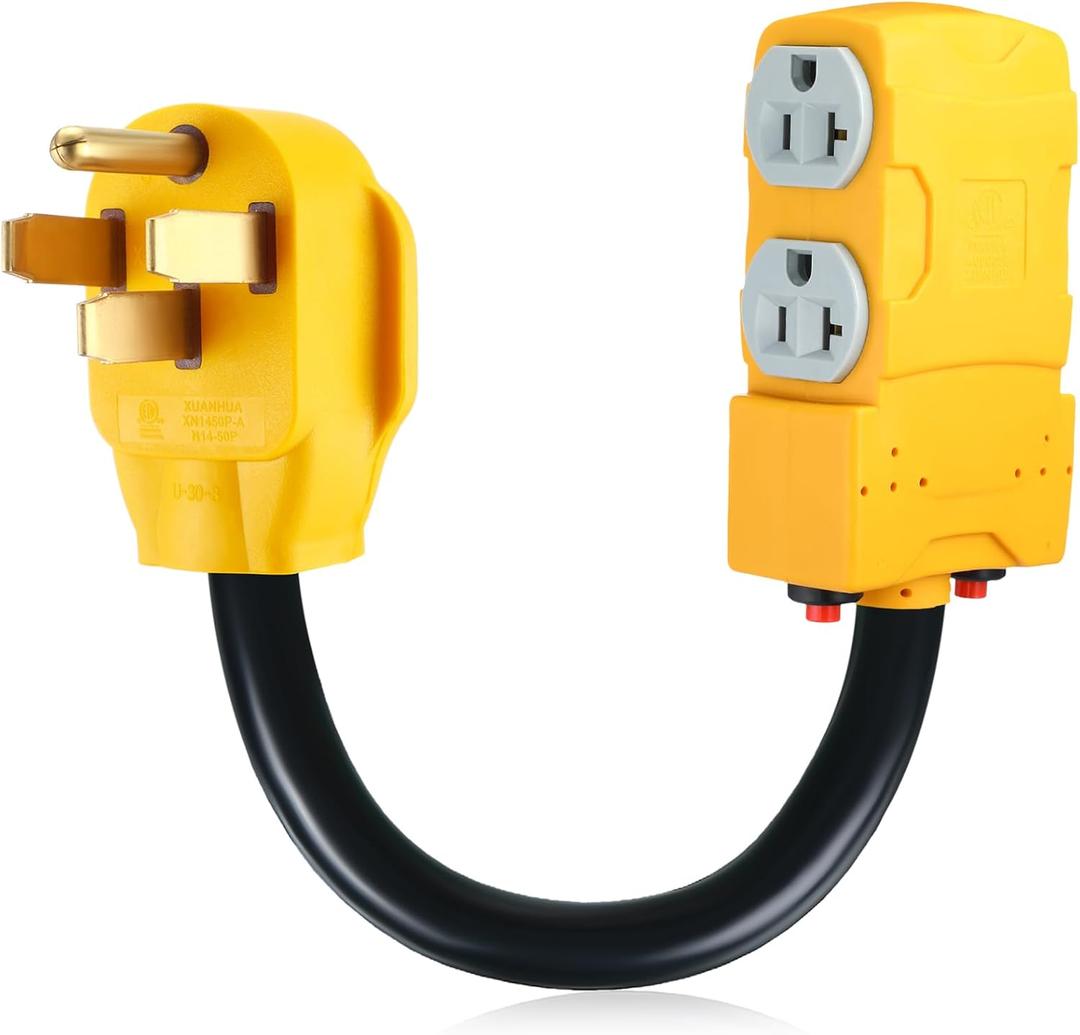 Kanayu 1.8 FT 50 Amp to 20 Amp 110V RV Distribution Adapter Compatible with NEMA 14-50P to 4X 5-20R/ 5-15R 4 Prong RV Generator Dryer Wall Socket to Four Household Outlet with 20amp Circuit Breaker