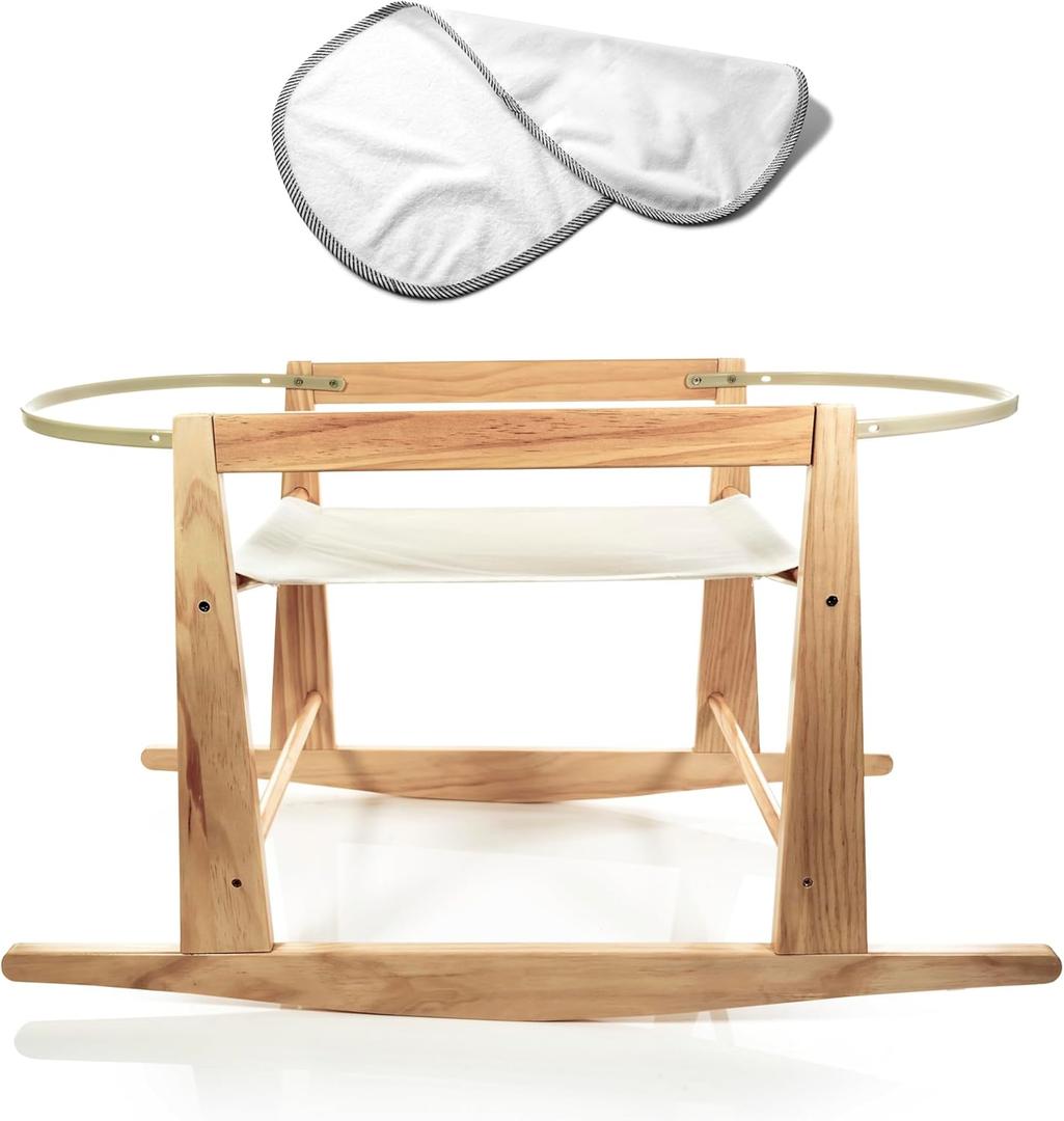 Moses Basket Stand - Wooden Rocking Moses Basket Stand for Baby Bassinets - Adjustable Bassinet Rocker Crafted From Natural Wood - Perfect For Newborns - Includes Bonus Change Mat -Basket Not Included