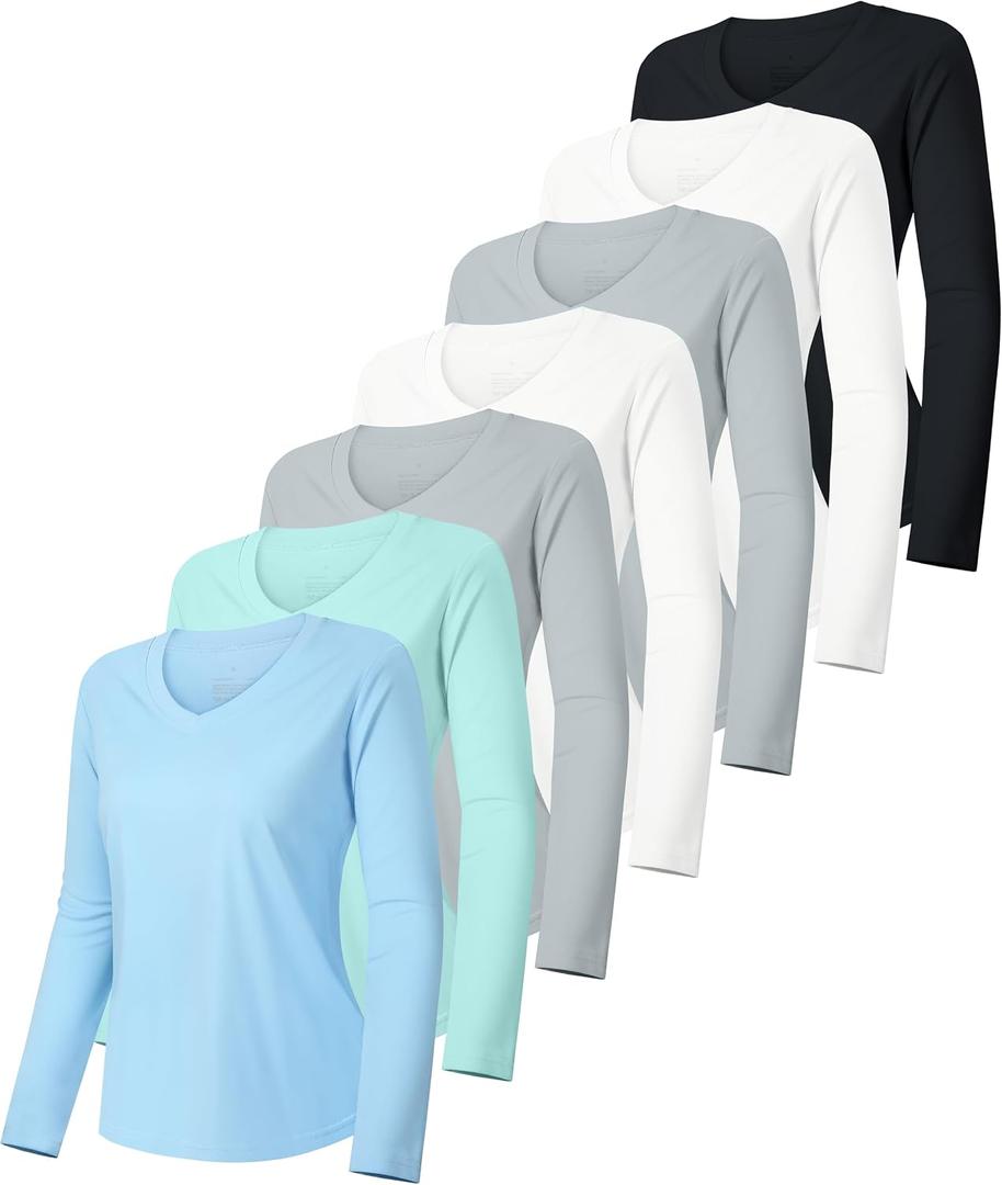 7 Pack Womens Long Sleeve Athletic Shirts UV Sun Protection UPF 50+ Quick Dry Workout Running Tops V Neck (XXL)