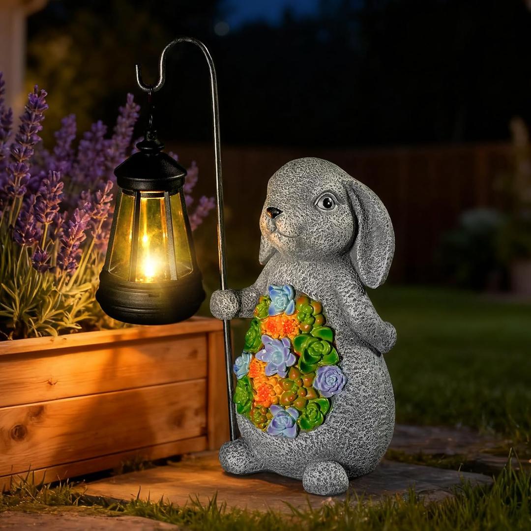 Solar Rabbit Garden Statue with Lantern Waterproof Resin Outdoor Decor for Yard, Lawn, Patio, Garden Gift for Easter, Christmas, Housewarming Solar Garden Decor