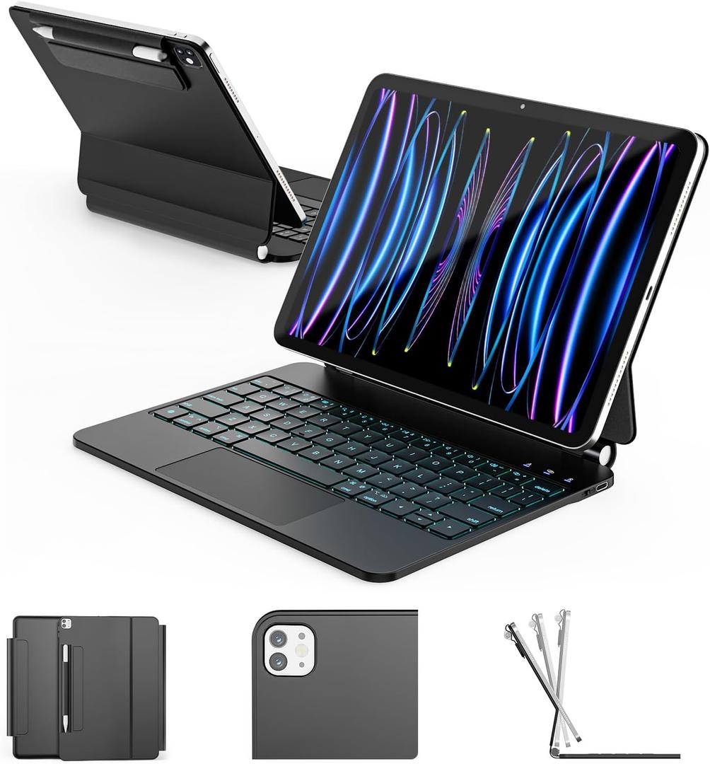 RAYMCRAFT for iPad Air 11 inch Case with Keyboard (M4/M3/M2, 2026/2025/2024), iPad Pro 11 (4th/3rd/2nd/1st Gen) & Air 5/4th Magic Keyboard Case, 11 Colors Backlit, Multi-Touch Trackpad, Black