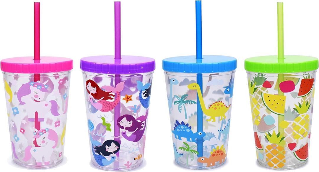 Home Tune 16oz Kids Tumbler Water Drinking Cup 4 Pack - BPA Free, Straw Lid Cup, Reusable, Lightweight, Spill-Proof Water Bottle with Cute Design for Girls & Boys (Unicorn & Mermaid & Dinosaur & Fruit)