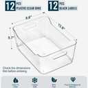 12 PACK Multi-Use Clear Plastic Storage Bins for Organizing w/ Labels - Home, Kitchen, Pantry, Bathroom, Office, Cabinet Shelf Organizer Bins - SOHO Collection, RV, Fridge Organization Containers -XXL