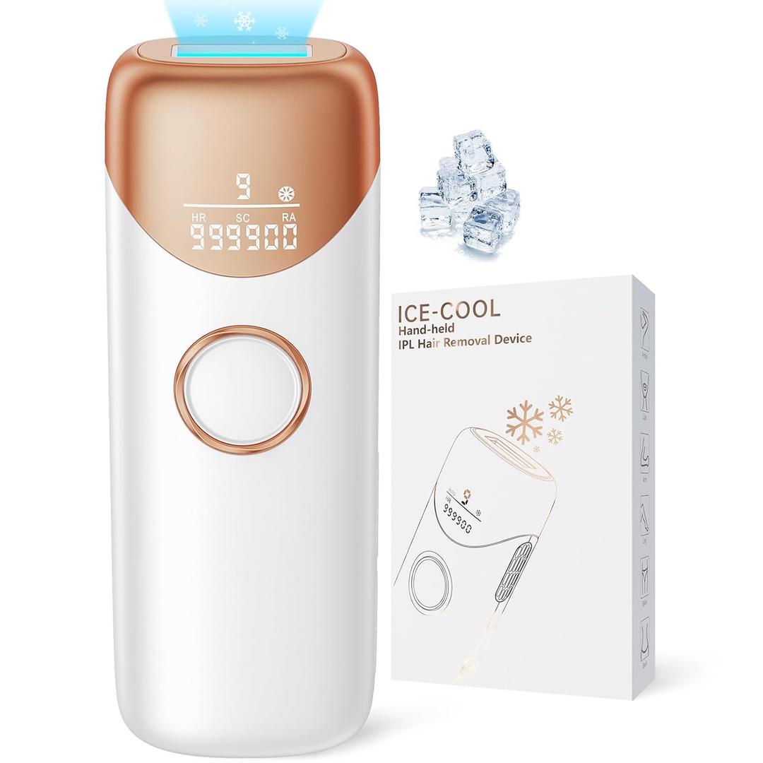 Laser Hair Removal Ubroo IPL Hair Removal Device with 5 Ice Cooling, 3 In 1 Painless Hair Removal For Women Men Permanent Face Body Beauty Care (Gold)