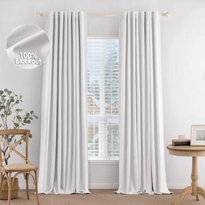 MIULEE 100% Blackout Curtains 90 inches Long Linen Curtains & Drapes for Bedroom Back Tab Living Room Darkening Full Black Out Window Curtain Panels Rod Pocket, White, 2 Panels Set