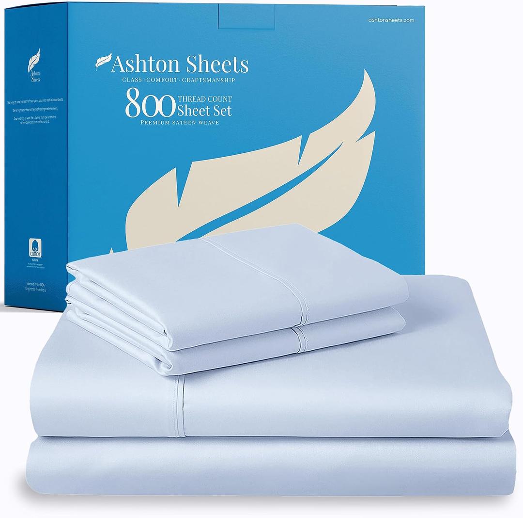 Ashton Sheets 100% Egyptian Cotton Sheets Queen Size - 800 Thread Count 4 PC Queen Sheet Set Egyptian Cotton, Sateen Luxury Sheets Queen Size, High Thread Count Sheets, 16" Deep Pocket - Light Blue
