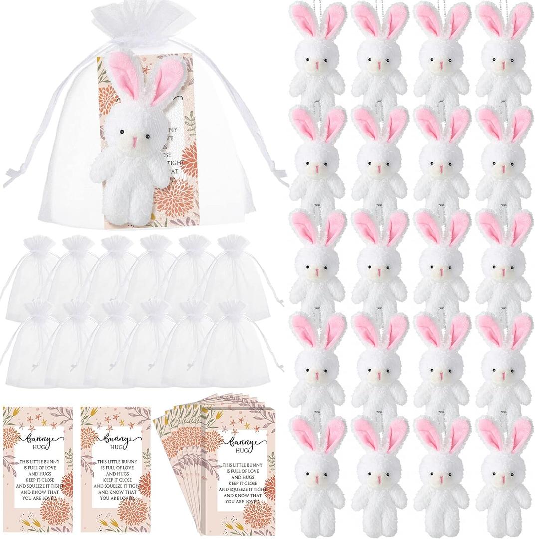 Fuutreo 24 Sets Bunny Stuffed Animal Gift Easter Decorations Mini Plush Bunny Stuffed with Thank You Hug Cards Organza Bags for Easter Employee Teacher Students Birthday Party Favors(Sweet Bunny)