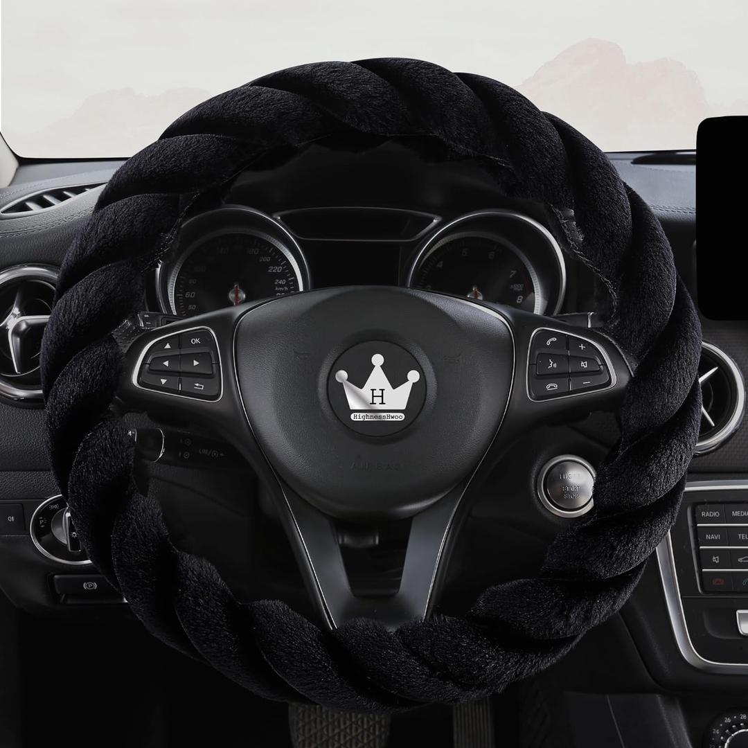 HighnessHwoo Luxury Fluffy Winter Car Steering Wheel Cover for Women Soft Warm Plush Cute Auto Accessories for Vehicle, Sedan, Universal, Fuzzy, Anti Slip, Black, Standard Size, 14.75-15.15"