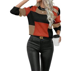 SISKIN Color Block Patchwork Pullover Sweater for Women, Crew Neck Long Sleeve Casual Fall Pullover Sweaters 2025 (Large, Brown)