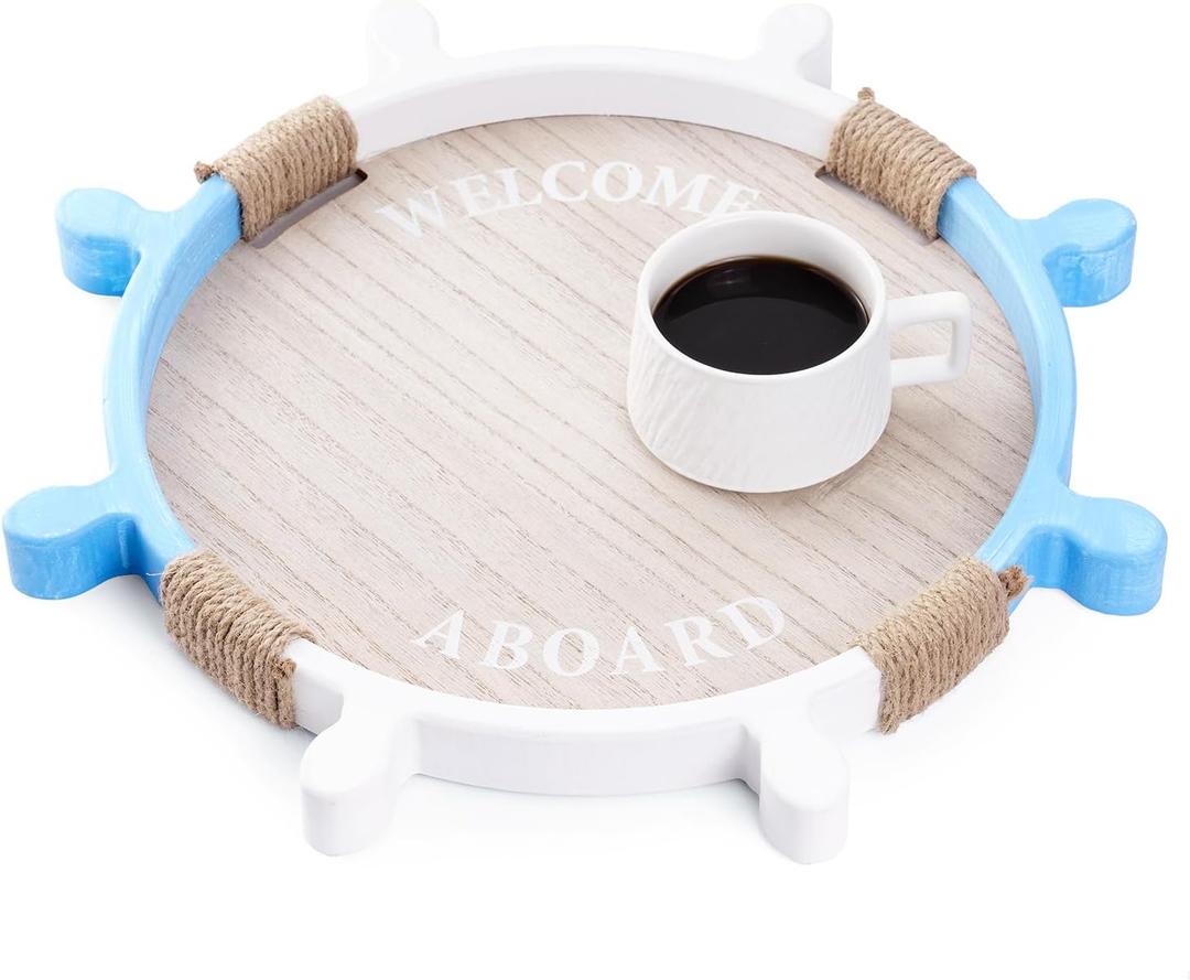 Nautical Wooden Serving Tray, 13 Round Ship Wheel Coastal Decorative Tray with Handles for Coffee Table, Wall Hanging Decor Tray for Beach House, Breakfast Serving