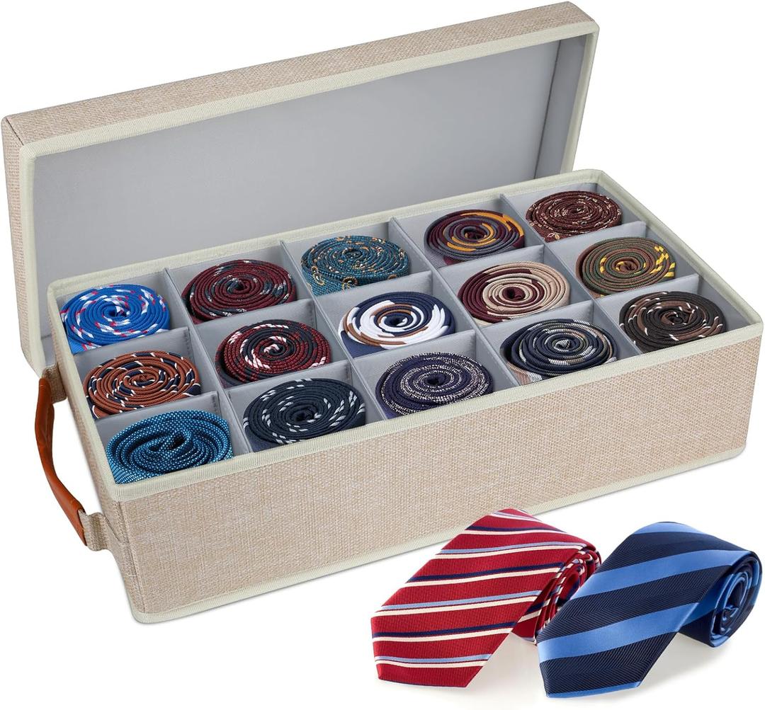 Belt Organizer for Closet, Tie Storage Organizer Bins with 15 Compartments Drawer Organizer, Linen Closet Organizers Storage Box for Socks, Bras, Briefs, Ties, Belts