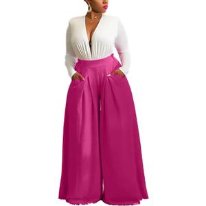 Hostoyo Casual Plus Size Wide Leg Palazzo Pants for Women Lounge High Waist Skirt Pants with Pockets Elastic Waistband (Pink, XXL)