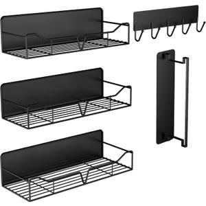 Magnetic Shelves for Washing Machine & Fridge Utentils Rack 5 Pack- Metal Heavy Duty Magnetic Shelf Magnetic Laundry Organizer with Hooks and Towel Holder for Magnetic Laundry Room Storage (Black)