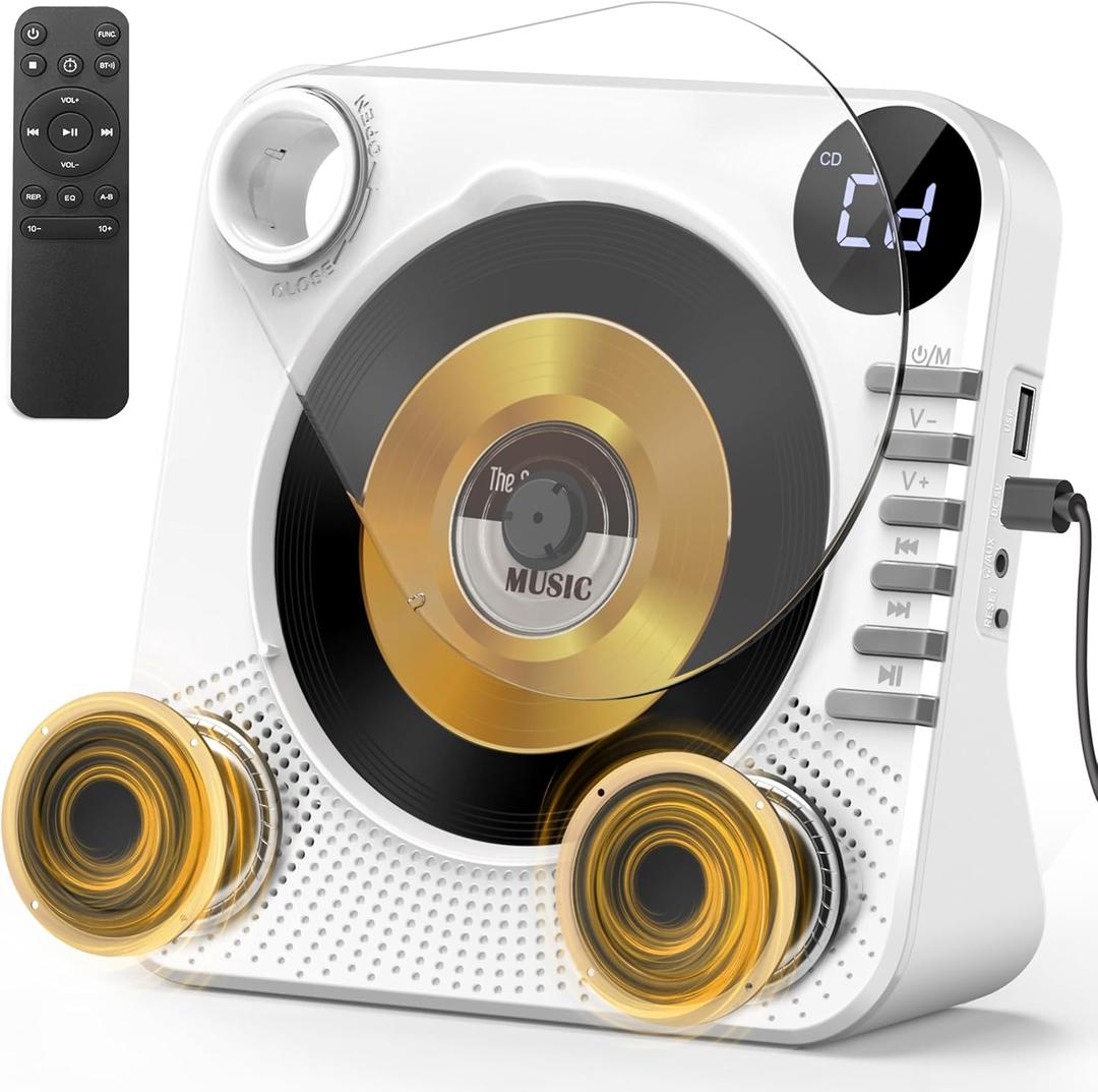 CD Player with Bluetooth, Desktop CD Player for Home,HiFi Speakers,Remote Control,USB,LED Display,Timer,Repeat,EQ Sound,AUX/3.5mm Earphone Jack,Kids,Gift-White