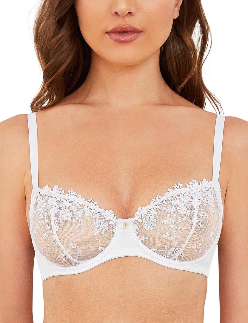 Wingslove Women's Sexy Lace Bra Demi Sheer Mesh Balconette See Through Bralette Unlined Underwire Embroidered (34D, White)