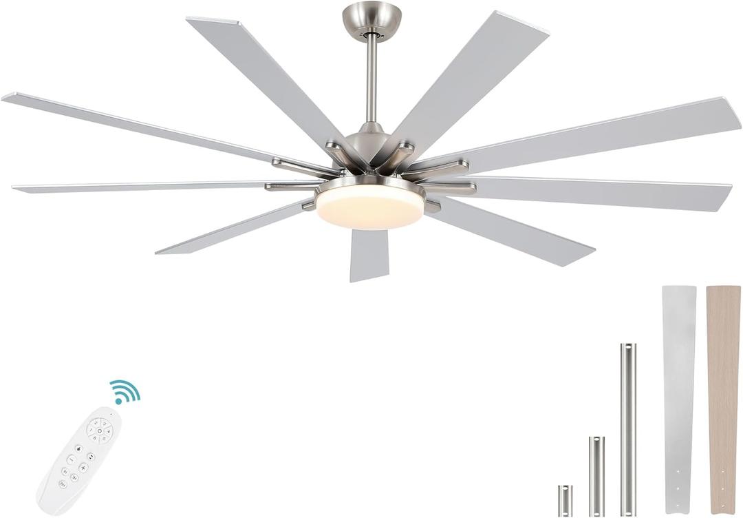72 Inch Ceiling Fans with Lights,Large Modern Ceiling fan with Remote and 9 Wooden Blades,Dimmable,6 Speeds,Noiseless Reversible Indoor&Outdoor Fan for Bedroom,Patio,Living Room (Brushed Nickel)