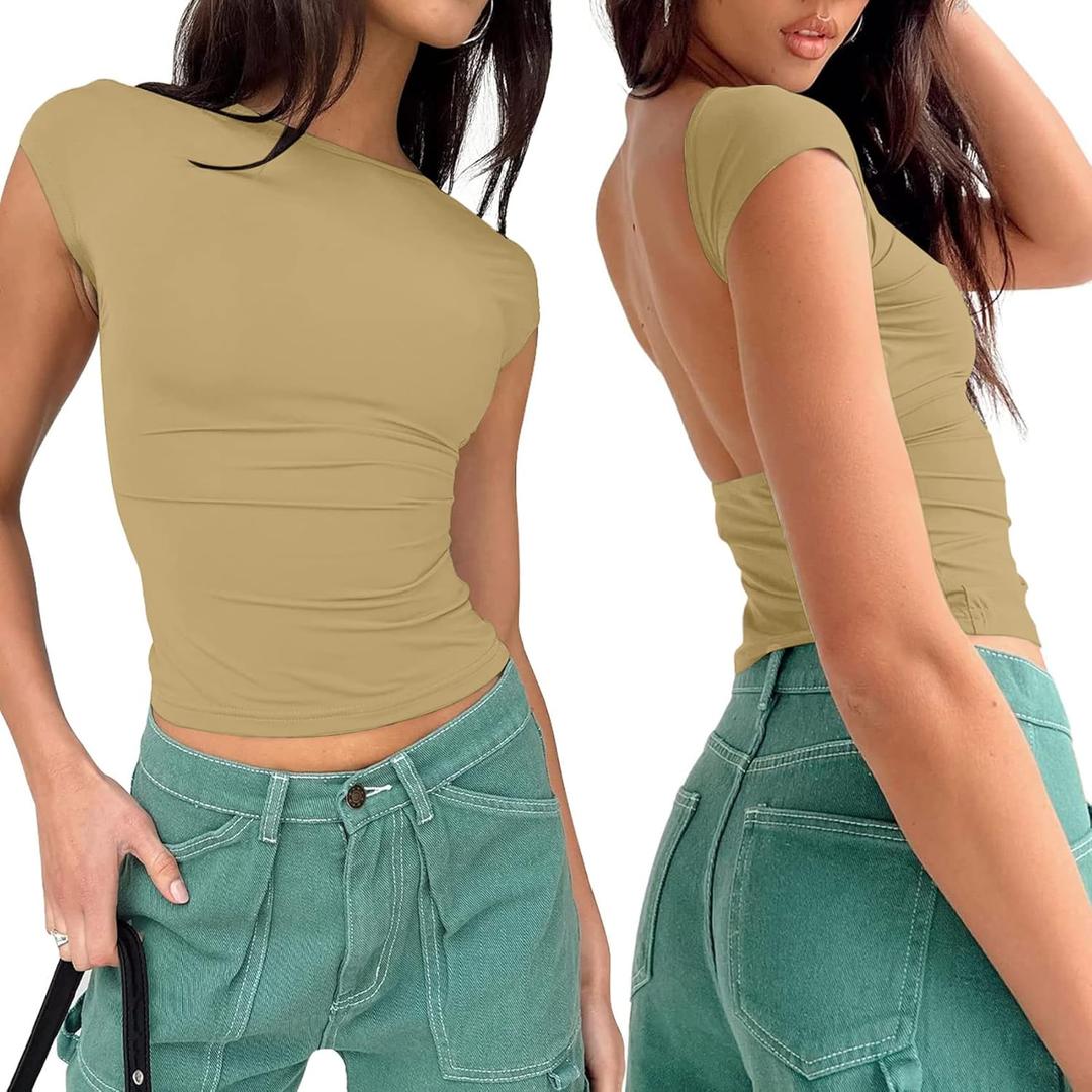 Women Sexy Backless Going Out Top Double Lined Y2K Open Back Crop Tops 2025 Backless Tee Shirts Summer Trendy