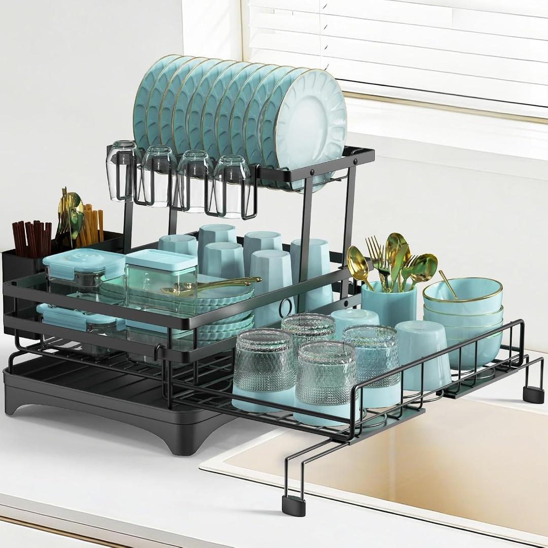 AULEEP 2 Tier Dish Drying Rack, 2-in-1 Expandable Dish Racks for Kitchen Counter, Anti-Rust Large Drainers for Kitchen Sink with Drying Mat, Cups Holder, Utensil Holder