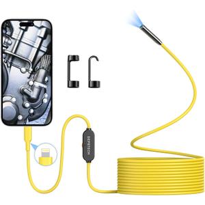 DEPSTECH Endoscope Camera with Lights, 7mm Slim Probe Borescope Inspection Camera with Bluart 3.0 Tech, 16.4ft Semi-Rigid Cable, IP67 Waterproof Snake Camera for IOS 12.0+ Device,Gadget for Men-Yellow