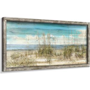 Beach Framed Wooden Wall Art: 48"x24" Coastal Theme Painting Ocean Artwork Seaside Sand Dunes Picture Prints for Home Decor (Blue Sea & Wild Grass)