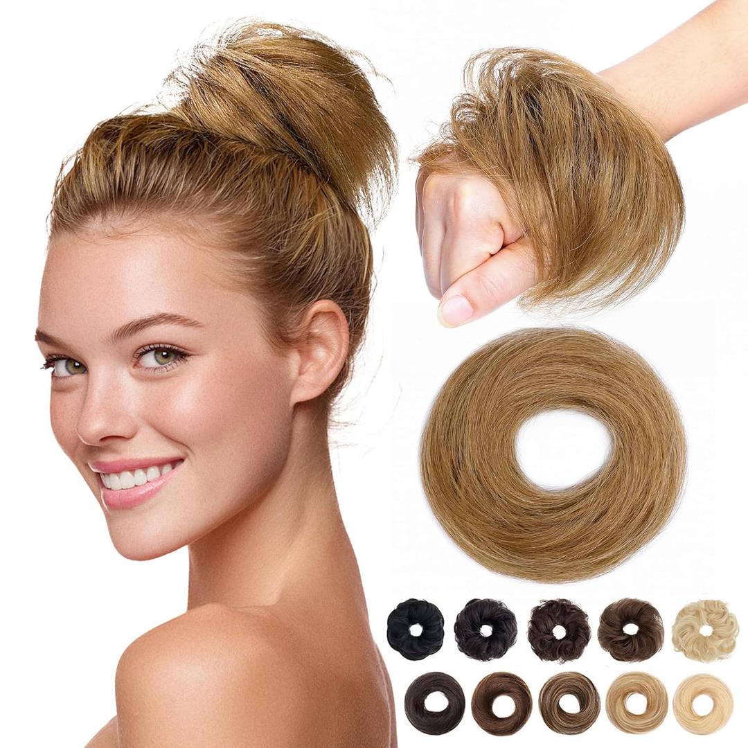 MY-LADY Messy Bun Hair Pieces Human Hair for Women Real Hairpiece Straight Scrunchies Tousled Updo Donut Chignon Ponytail Extension Golden Brown