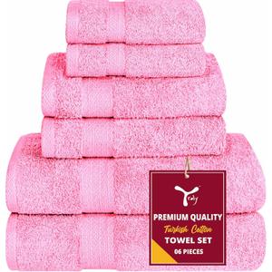 6 Piece Towel Sets, 100% Cotton Turkish Towels for Bathroom, 2 Bath Towel, 2 Hand Towel, and 2 Wash Cloth - Pink Towel Set