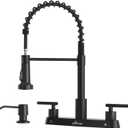 APPASO 4 Hole Kitchen Faucet, Matte Black 2 Handle Kitchen Faucet with Pull Down Sprayer, Modern Spring 3 Hole Faucet for Kitchen Sink3 Modes Kitchen Sink Faucet with Soap Dispenser