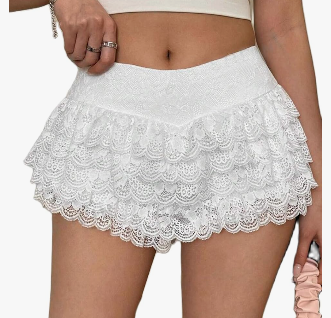 UAURORAO Women Cute Ruffle Bloomer Skirt Elastic Waist Layered Lace Mini Skort Puffy Pleated Aline Skater Skirts Shorts XS