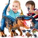 24" Large Dinosaur Toys for Kids 3-5, Big Dinosaur Tyrannosaurus rex Figure Toy with 10+ Dinosaurs Belly Storage, Gliding Wheels, Lights Sounds & Mist Spray  T-Rex that eats Toy for Boys Gift (Blue)