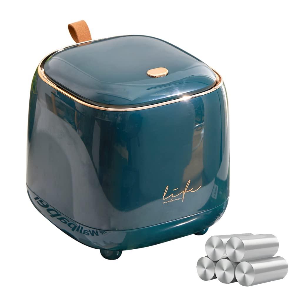 Mini Countertop Trash Can with 5 Rolls of Trash Bags, Waste Can with Press Type Lid, 0.5 Gallon/1.5 Liter Wastebasket Trash Can Dispenser, Mini Bin for Bathroom Vanity,Coffee Table (Dark Green)