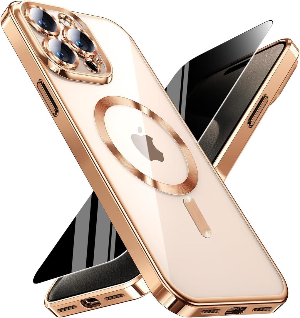 Magnetic for iPhone 15 Pro Max Case with Privacy Screen Protector & Full Camera Cover,[Non-Yellowing] Plating Glossy Soft Shockproof Clear Phone Case with MagSafe Women Girls for 15 ProMax,Gold