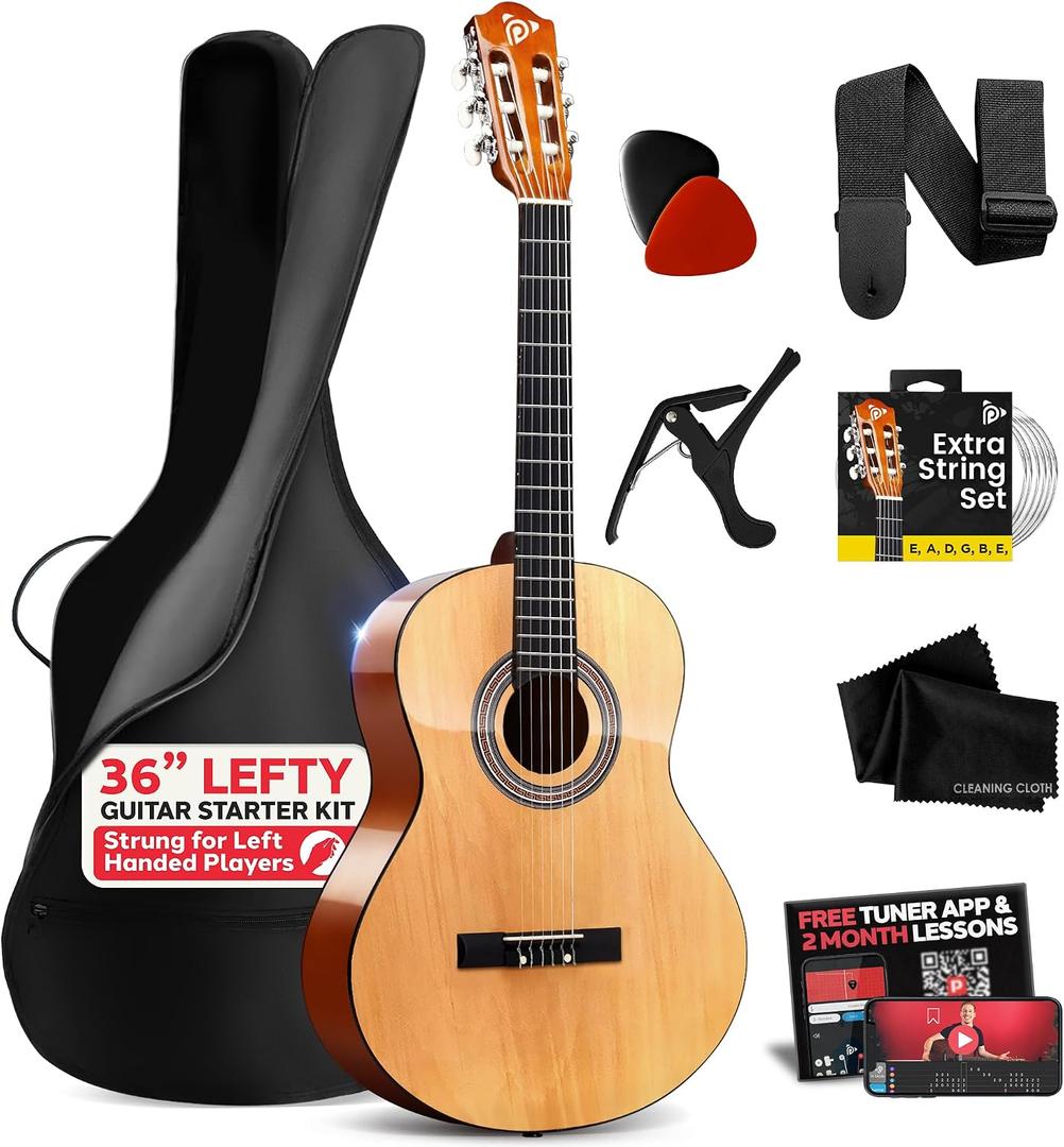 Pyle Left Handed Beginner Acoustic Guitar Kit, 3/4 Junior Size All Wood Build Nylon String Instrument with Capo, Strap, Extra String Set, Gig Bag, Guitars for Beginners Adults Youth, 36" Natural Gloss