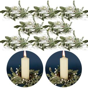 Waydress 8 Pcs Christmas Candle Ring Wreaths 3 Inch Artificial Mistletoe Wreath with Pearl Country Lambs Ear Wreath for Pillar Candle Christmas Table Home Decor