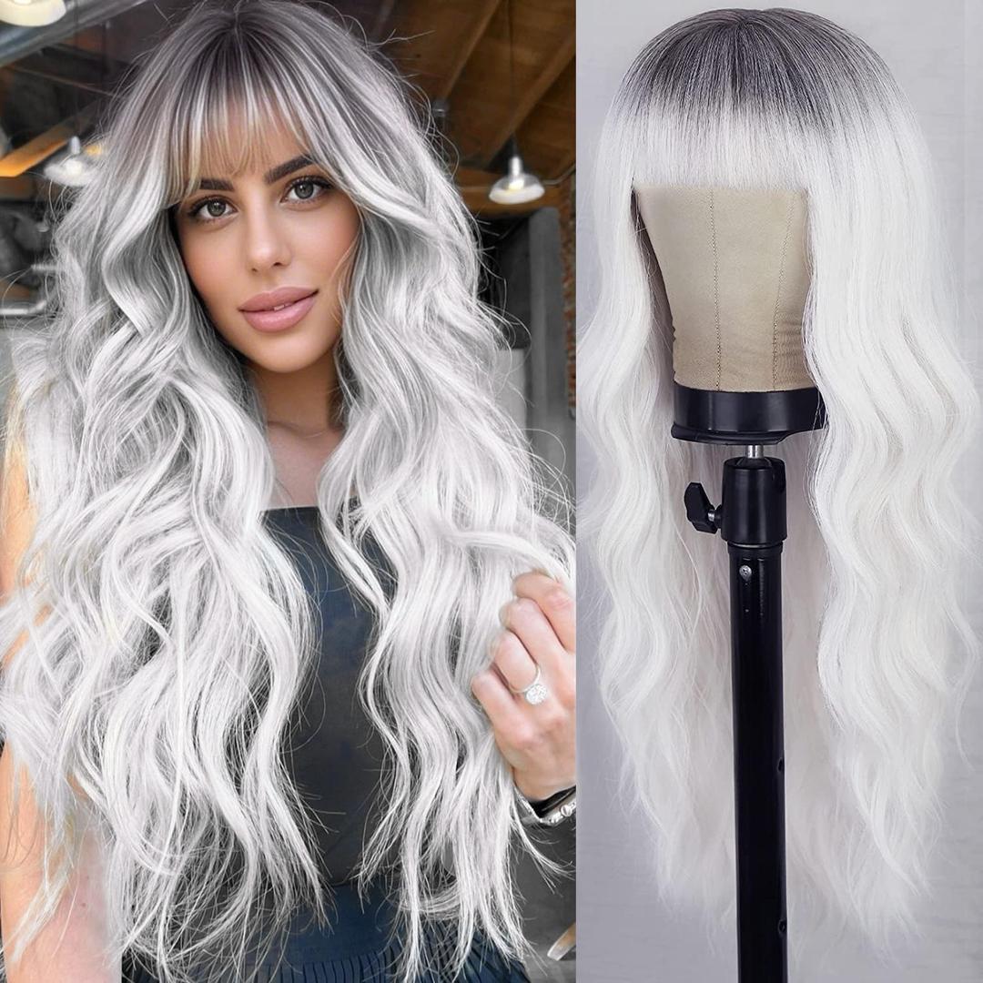 AISI QUEENS White Wigs for Women, Ombre White Wig with Bangs Long Wavy Wig Hair Dark Root Synthetic Wigs Heat Resistant Fiber for Daily Party Use