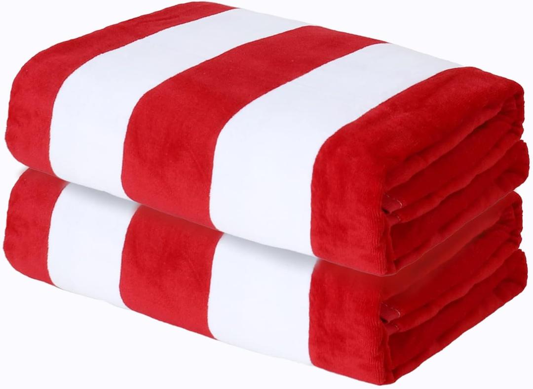 Exclusivo Mezcla 2 Pack Cotton Oversized 35x70 Inches Cabana Stripe Beach Towels, Super Absorbent Soft Plush Pool Bath Towel (Red)