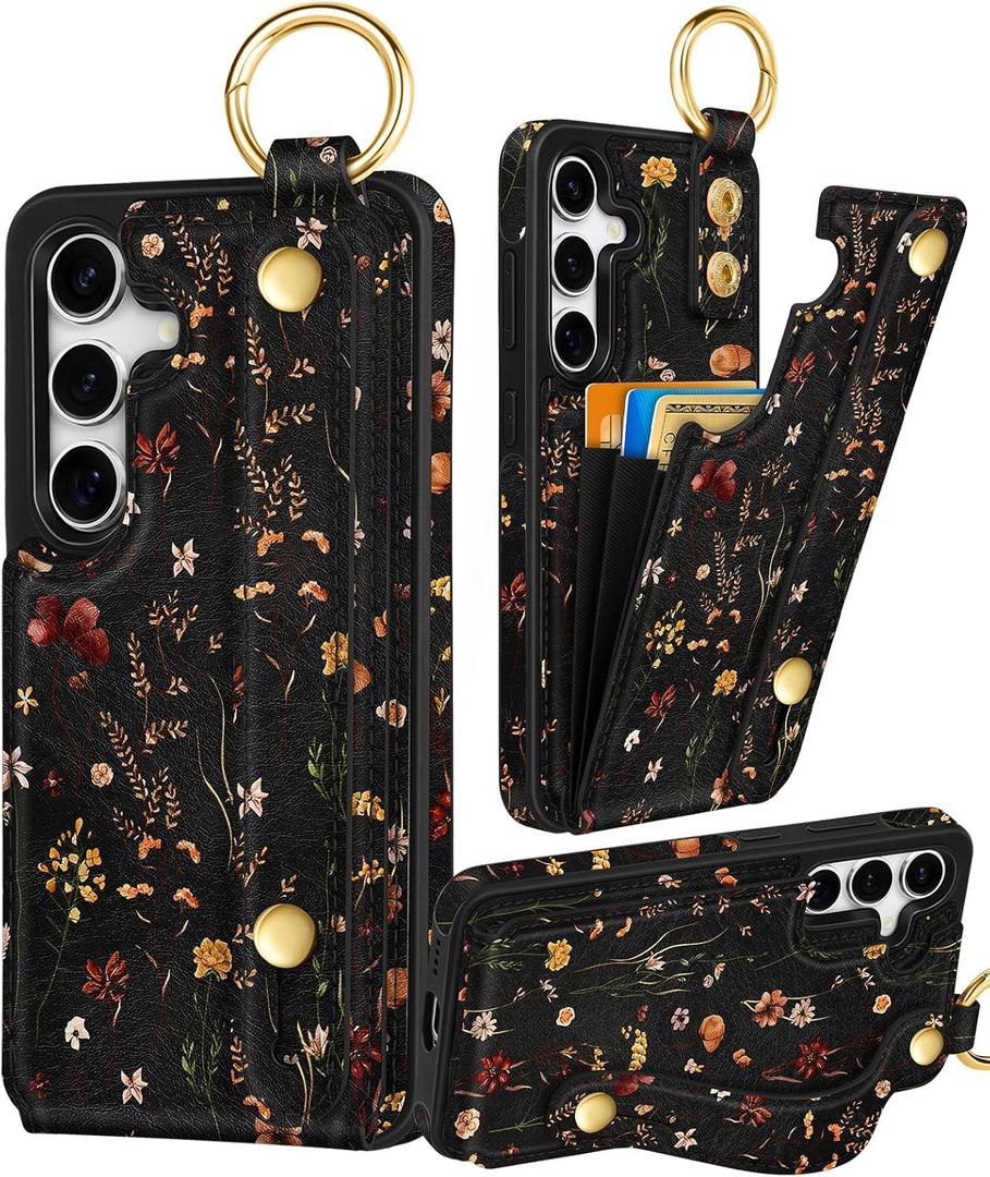 Petitian for Samsung Galaxy S25/S24 Case with Wallet - Women Girls Cute Girly Aesthetic Unique Design with Leather Credit Card Holder Cardholder Stand Wristband, Grow Flower