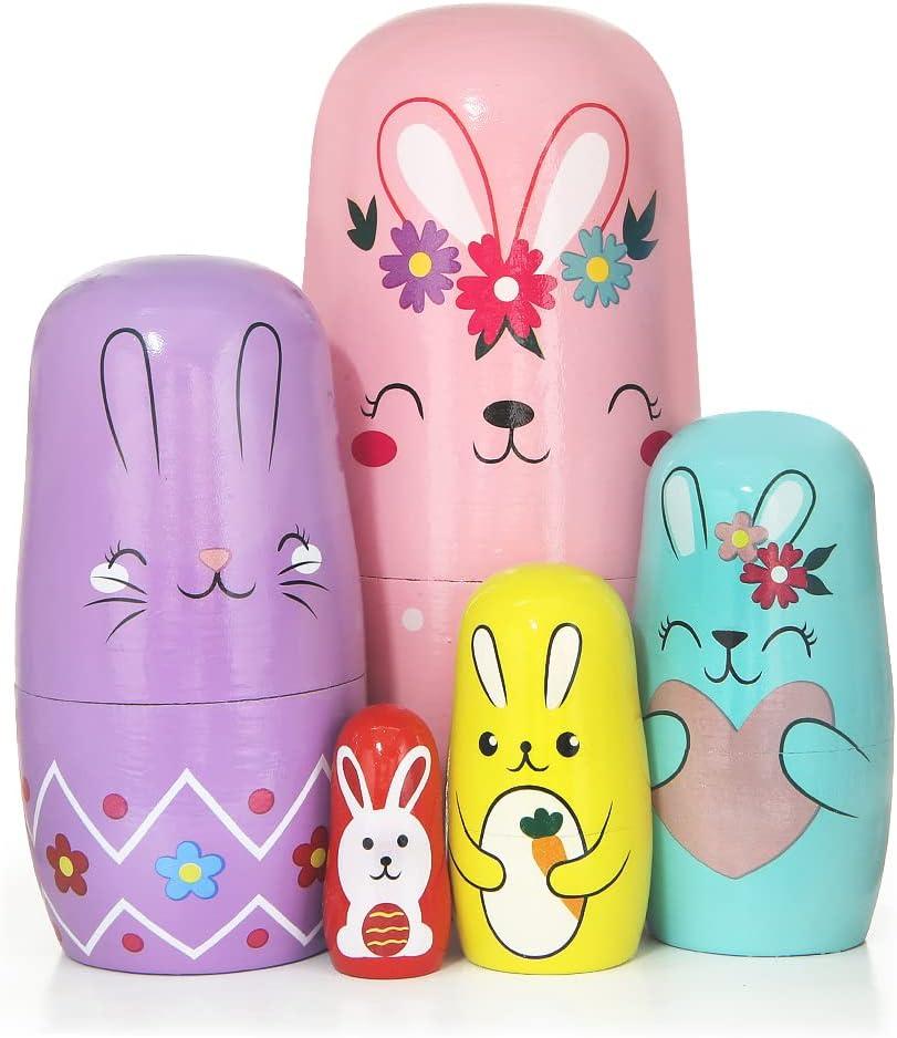 Set of 5 Bunny Russian Nesting Dolls,Easter Cute Rabbit Wooden Matryoshka Nesting Dolls with Garland Carrot Heart Pattern for Kids Stacking Christmas Birthday Easter Toy Gift Home Decoration