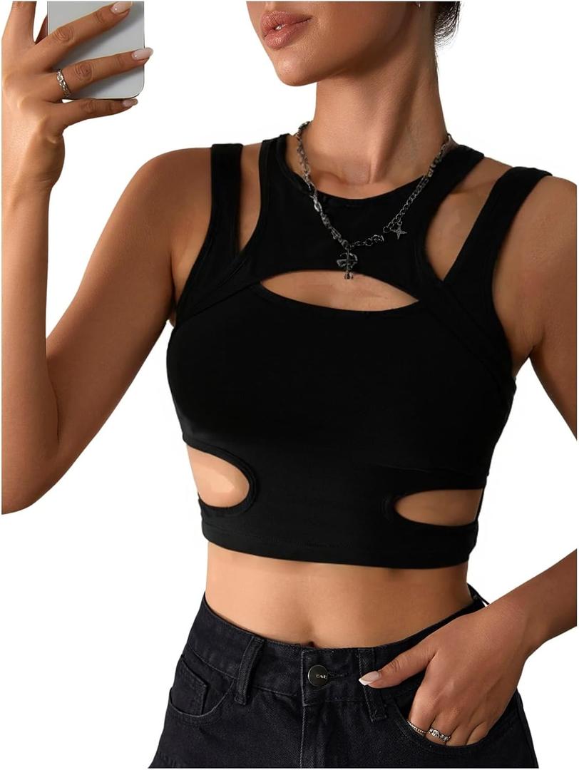 Milumia Women's Cut Out Front Tank Top Sleeveless Sexy Fitted Crop Tops (Black), S